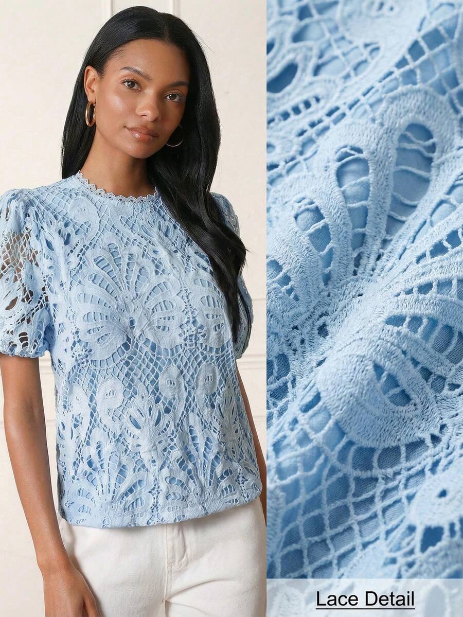 Lilora 女士优雅刺绣蕾丝镂空上衣，高端时尚，百搭优雅，适合通勤、日常休闲外出、派对、约会、聚会、休闲活动、野餐、假期、夏季和假日旅行。浅蓝色上衣，女士蕾丝衬衫，女士镂空上衣，蓝色蕾丝上衣，女士夏季上衣，女士休闲夏季服装，女士上衣和衬衫，蕾丝T恤，女士蕾丝衬衫