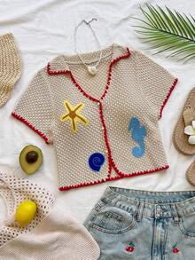 Soleia Women's Vacation Beach Contrast Trim Embroidered Knit Top - Apricot - View 2