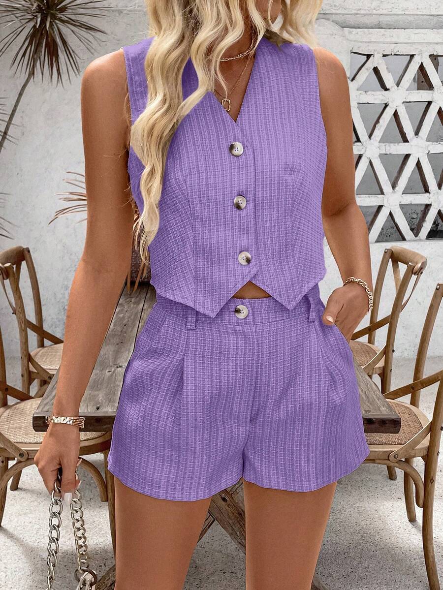 EMERY ROSE Bộ đồ nữ gồm áo ba lỗ cổ chữ V cài một hàng và quần short, kiểu dáng thường ngày. - Màu tím - Xem 1
