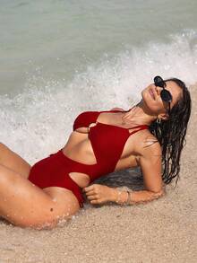 SHEIN Swim 女士露背吊带性感连体泳衣 - 紅色 - 查看 3