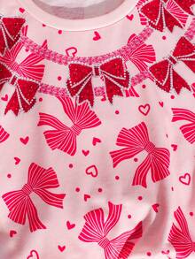 SHEIN 女童圆领蝴蝶结印花短袖上衣和裤子休闲家居服睡衣套装 - 彩色 - 查看 6