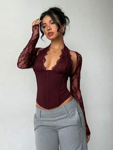 Aloruh 女款新款浪漫優雅迷人性感蕾絲拼接鏤空長袖修身上衣，適合約會、打卡、派對、外出 - 紫色 - 查看 6