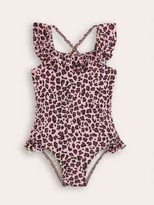 SHEIN New Fashion Children Girls Leopard Print Full Coverage One Piece Swimsuit - Pink - View 3