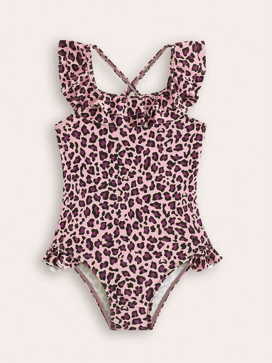 SHEIN New Fashion Children Girls Leopard Print Full Coverage One Piece Swimsuit - Pink - View 1