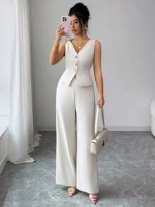 Women's Spring/Summer/Autumn Business Casual Commuting Minimalist Solid Color Asymmetric Sleeveless Vest And Wide Leg Pants 2-Piece Set - Apricot - View 3