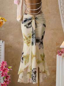 Femesol Floral Print Mermaid Hem Skirt, Vacation Style - Multicolor - View 8