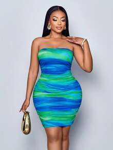 SOLERSUN Plus Size Women Marble Printed Strapless Bodycon Party Dress For Women (Random Floral Print) - Mint Green - View 6