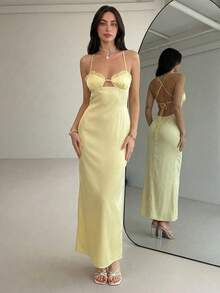 Aloruh Vestido elegante y romántico para cita/boda, vestido de satén sin espalda de color amarillo gris sólido con parches de encaje, amarillo crema - amarillo ganso - Ver 11