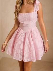 Enchnt 女士露肩打结荷叶边下摆优雅连衣裙 - 粉色 - 查看 5