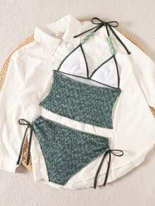 SHEIN Luminelle 2026 New Women's Summer Beach Vacation Green Textured Halter Tankini Set Beaded Swimwear With Drawstring Side,2 Piece Swimwear - Blue - View 4