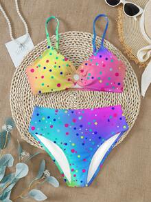 渐变印花，海滩度假风，少女休闲简约修身吊带背心和三角比基尼泳衣套装，适合夏季休闲度假，#Coconutgirl - 彩色 - 查看 2