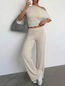 Aloruh Women's Basic Casual Ruched Shoulder T-Shirt + Low Waist Long Pants 2 Pieces Set, Spring/Summer - Light Grey - View 3