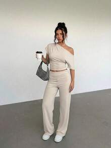 Aloruh Women's Basic Casual Ruched Shoulder T-Shirt + Low Waist Long Pants 2 Pieces Set, Spring/Summer - Light Grey - View 6