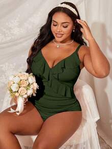 Slaydiva Plus Size Solid Color Ruffle Trim One-Piece Swimsuit For Beach Vacation - Army Green - View 5