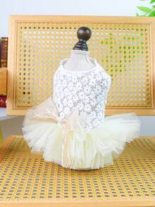 PETSIN 一件猫狗通用服装，蕾丝花朵提花网纱公主风婚纱，优雅猫狗新娘礼服 - 米色 - 查看 9