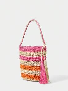 SHECARRY 女士手提包，草编包，流苏草编包，时尚，优雅，简约，个性化，百搭，适合海滩、度假、假日、夏季、海边、沙滩派对 - 粉色 - 查看 2