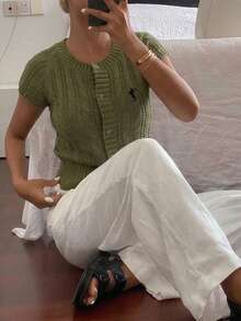 INAWLY 女士针织开衫，麻花针织纹理，带纽扣 - 橄欖綠 - 查看 4