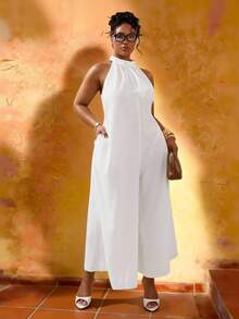 Veslaya 2026春夏大码女装音乐节、复活节、西部风、游牧风、生日派对、毕业典礼、大学、学生、日常穿着、基础款、休闲、度假、邮轮、海滩、日光浴、潮流、街头风、婚礼宾客、通勤、早午餐、机场、派对、节日、优雅晚宴、舞会、休闲、高端优雅白色褶皱无袖阔腿连体裤 - 白色 - 查看 10