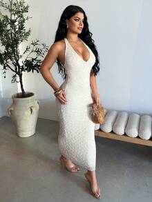 Dayanna Comas Đầm Maxi Ôm Eo Cổ Chữ V Họa Tiết Mùa Xuân/Hè Mới Lãng Mạn, Phong Cách Sang Trọng Cho Đêm Hẹn Hò - Màu be - Xem 5