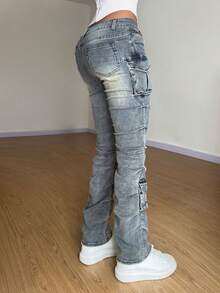 StreetHx Women's Pocket Button Casual Flare Leg Jeans, Versatile For Daily Wear - Blue - View 3