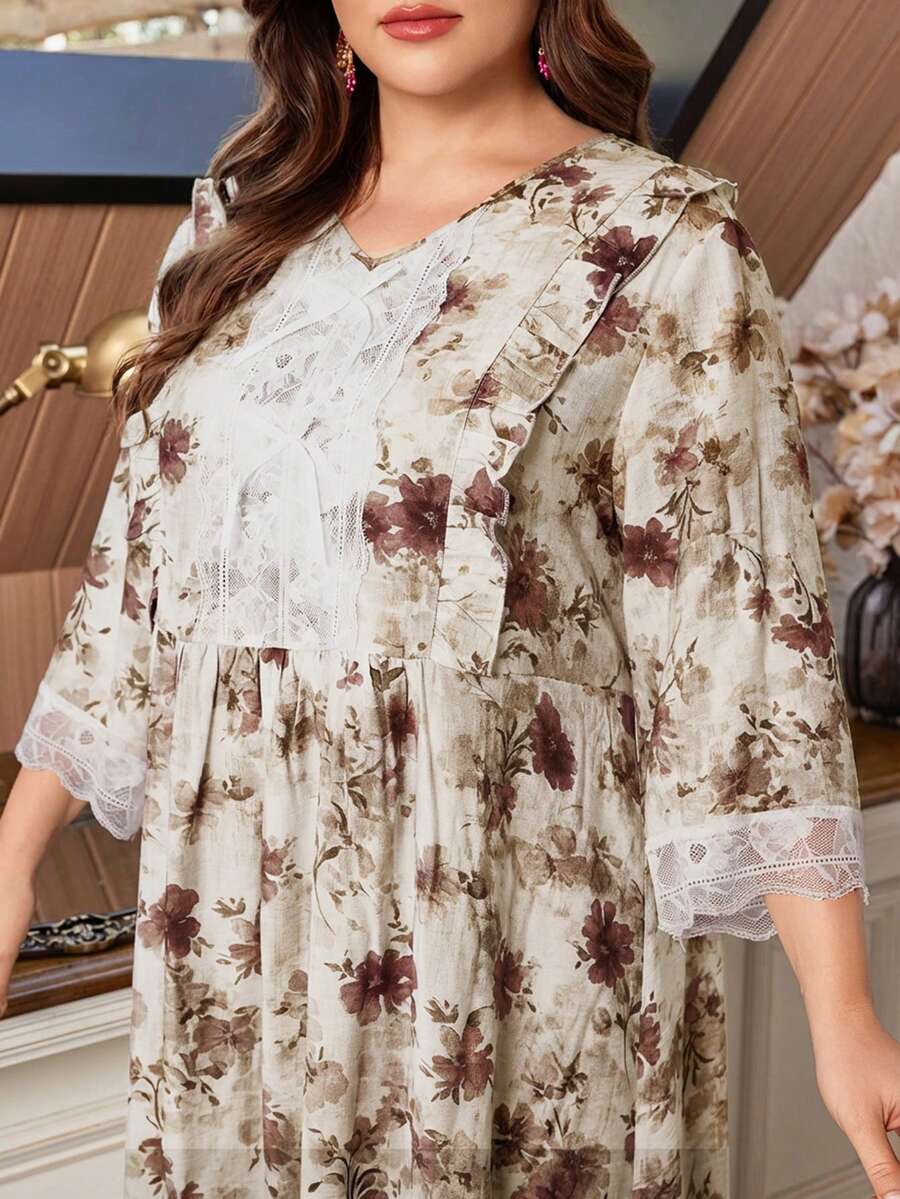 Lacomfia Đầm dáng chữ A tay lửng 3/4 in hoa, viền ren, cỡ lớn dành cho nữ. - Màu vàng - Xem 1