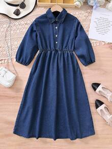 Đầm sơ mi cổ bẻ bằng vải denim xanh dành cho bé gái tuổi teen - Rửa tối - Xem 2