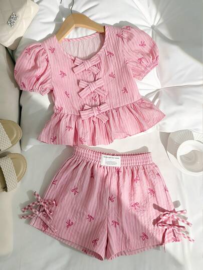 SHEIN Young Girl Casual Comfortable Round Neck Puff Sleeve Ruffle Bow Decor Shirt And Shorts Set