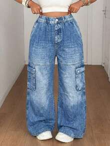 Maweii Pantalones sueltos de estilo callejero retro minimalista y estampados de manera casual - Azul - Ver 1