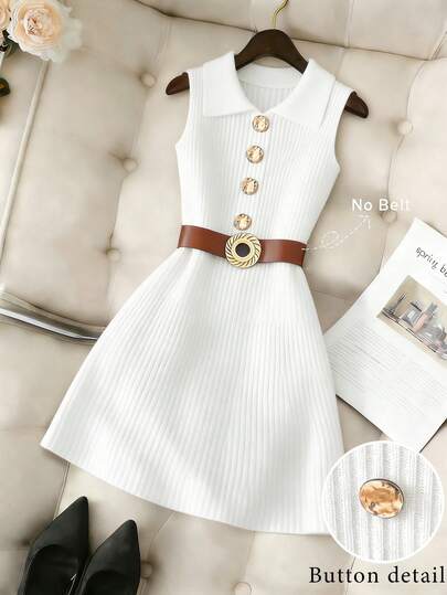 Franclia Women's Spring/Summer Commute Casual Elegant Daily Versatile Solid Color Lapel Shoulder Fitted Sleeveless Metal Buckle Decor Umbrella Hem Asymmetrical Buckle Knit Sweater Dress