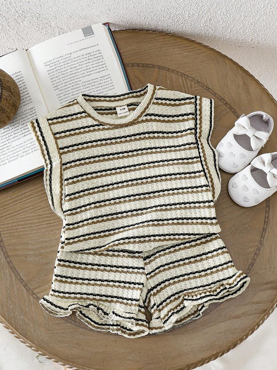 SHEIN 2件套女婴幼儿0-3岁春夏休闲日常度假针织黑白条纹荷叶袖圆领T恤和短裤套装 - 彩色 - 查看 1
