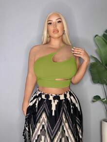 SHEIN SXY 大码性感纯色镂空露脐吊带背心 - 綠色 - 查看 5