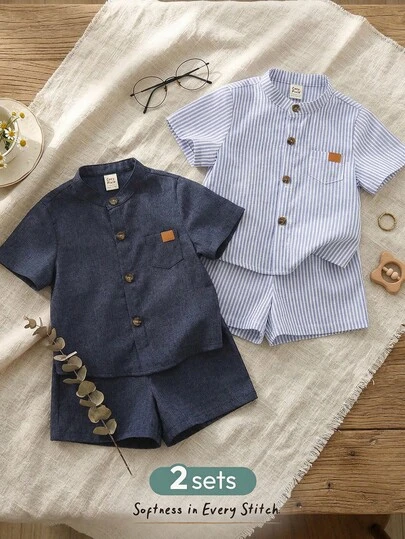 Cozy Pixies Conjunto de 4 piezas para bebé niño con camisa de manga corta de cuello redondo y unicolor, y pantalones cortos de cintura elástica
