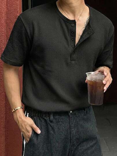 DAZY 男士纹理纯色基础款半拉链短袖T恤 夏季