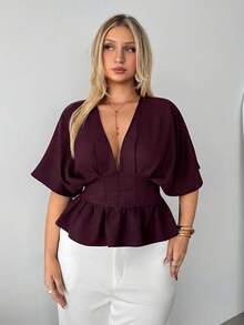 Auralis 大码女式深V领蝙蝠袖纯色修身时尚上衣 - 酒紅色 - 查看 3