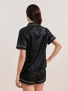 Lapel Collar Contrast Binding Satin Blouse & Shorts PJ Set / Pajama Set - Black - View 2