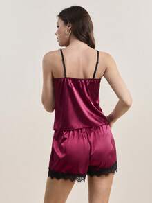 Hourtrue Lace Panel Pajama Set - Red Violet - View 2