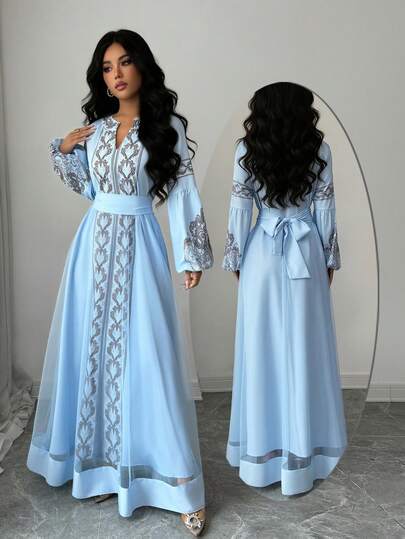 Elenzga Vestido de fiesta elegante y nuevo para mujer para otoño/invierno, Navidad, Halloween, Acción de Gracias, Año Nuevo, con características de parche de malla exquisito, mangas abullonadas, estampado de perlas, lazo en la cintura, escote en V, estampado floral blanco, adecuado para invitada de boda, graduación