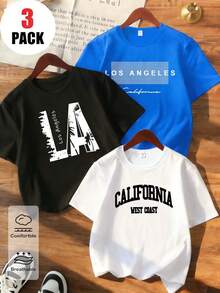 3pcs/Set Boys' Casual Fashionable Los Angeles California Graphic Print Short Sleeve T-Shirts, White/Black/Blue, Comfortable Summer School Daily Wear - Multicolor - View 9