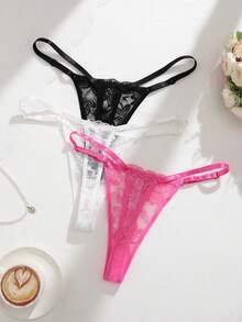 SHEIN 3pcs Elegant Sexy Solid Color Lace Thong Panties - Multicolor - View 2