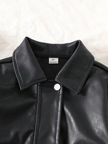 Genkimix Kids 年轻女孩宽松休闲夹克，时尚街头风格仿皮大衣 - 黑色 - 查看 5