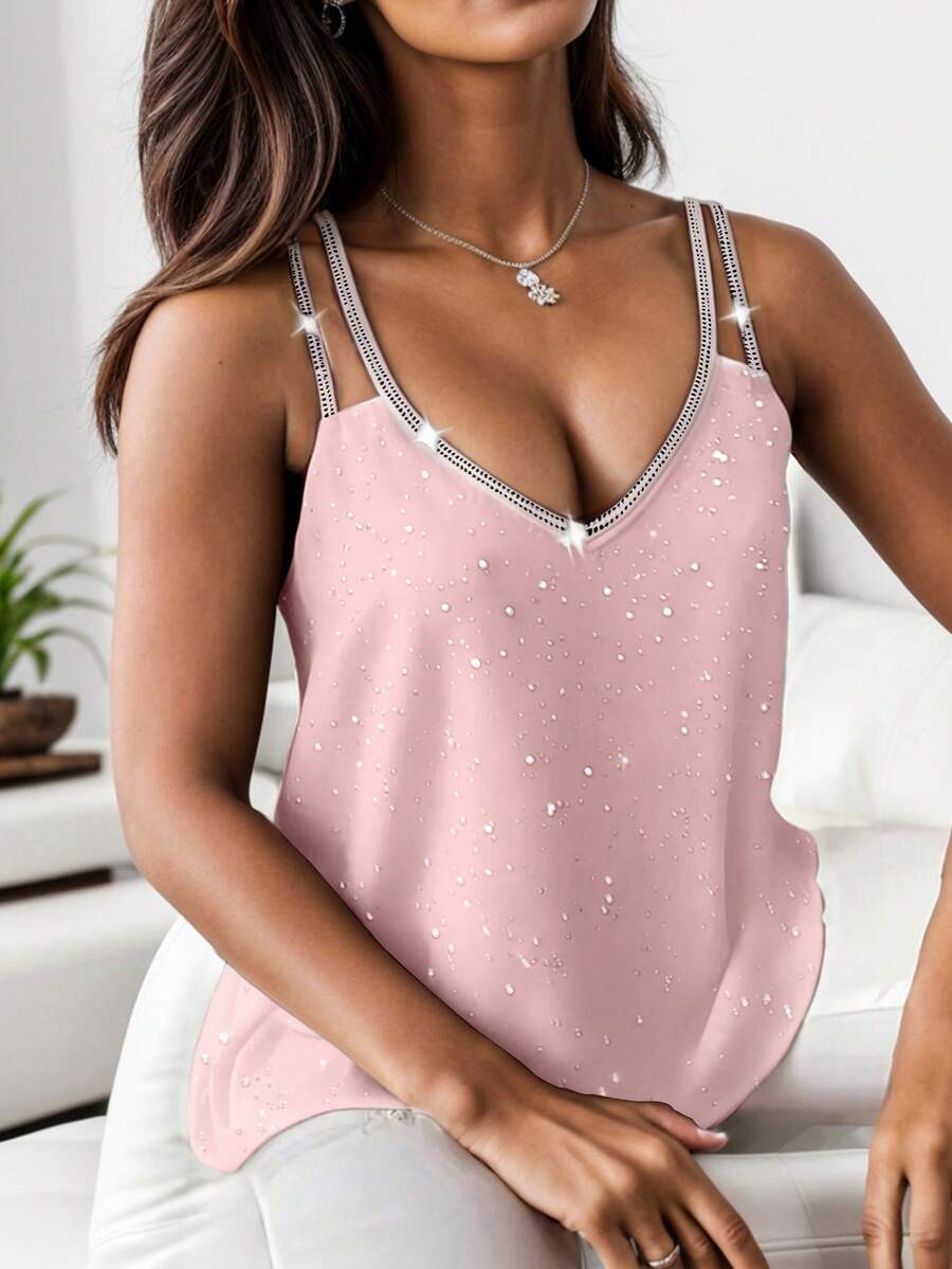 Breezaya Women's Pink Casual Knitted Fabric Regular Cami Top With Rhinestone Spaghetti Strap Neckline - Pink - View 1