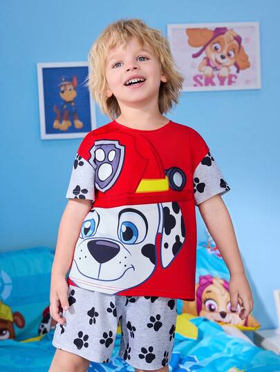 SHEIN | PAW Patrol 男童卡通印花短袖T恤和短裤休闲睡衣套装，夏季