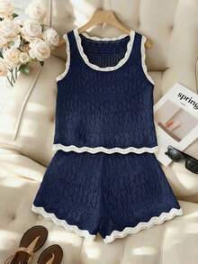 SHEIN Franclia 新款简约夏日度假风优雅镂空波浪领性感吊带修身连衣裙，撞色针织背心无袖毛衣两件套，春夏款 - 寶藍色 - 查看 4