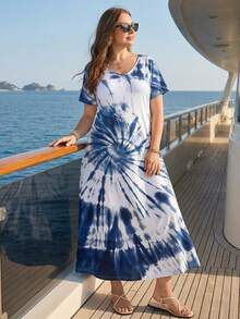 Rosumi 大码女式夏季休闲度假乡村扎染蓝白V领短袖长裙，春夏款，夏季度假款，夏季假期款，春假穿搭款，女士度假穿搭款，女士假日穿搭款，外出穿搭款，2026新款服装，简约时尚，适合日常穿着，适合夏季、度假、日常穿着，适合夏季、度假、日常穿着，女士连衣裙，飘逸连衣裙，女士沙滩装，休闲度假波西米亚风连衣裙，夏季连衣裙，乡村风女士夏季连衣裙，女士休闲连衣裙，女士航海风连衣裙，乡村音乐会服装 - 藍白色 - 查看 1