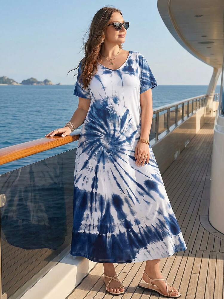 Plus Size Women's Summer Casual Vacation Country Tie-Dye Blue & White V-Neck Short Sleeve Maxi Dress, Spring/Summer,Summer/Vacation,Summer Holiday,Spring Break Outfits ,Vacation Outfits Women ,Holiday Outfits For Women,Going Out Outfits,2026 New Clothes,Simple And Fashionable For Everyday Wear,Suitable For Summer, Vacation, Daily Wear,Suitable For Summer, Vacation, Daily Wear,Dresses For Women,Flowy Dress ,Beach Outfits For Women,Casual Vacation Boho Dress,Summer Dresses, Country Women's Summer Dresses,Casual Dresses For Women,Nautical Dresses For Women,Country Concert Outfit