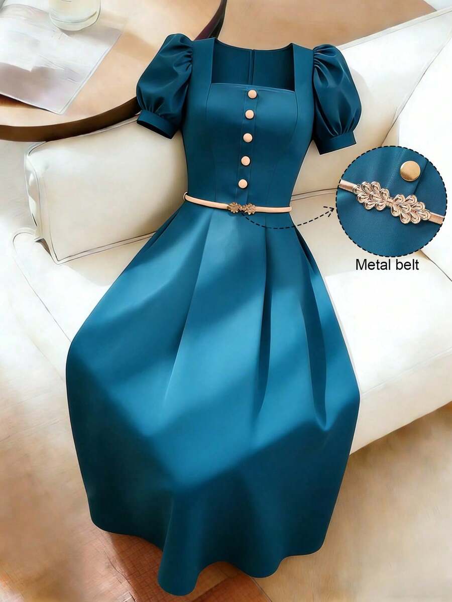 SHEIN Franclia 优雅百搭休闲通勤藏蓝色纽扣装饰收腰中长连衣裙，适合春夏穿着 - 藍色 - 查看 1