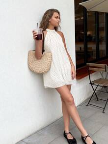 Cévolie Women's Polka Dot Halter Neck Fashionable Date Party Mini Dress - White - View 5