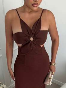 Maria Perezxox Robe d'été à bretelles dos nu avec pétales, style floral 3D, tenue de vacances pour femme, tenues de plage, robes d'été pour femmes - Tabac - Voir 3