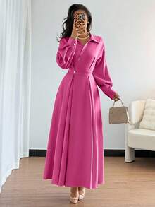 Rafferiza Vestido Feminino com Gola Virada, Ombros Caídos, Manga Longa, Cintura Franzida e Silhueta em A, Adequado para Saídas, Férias, Feriados e Viagens - Pink - Visão 4