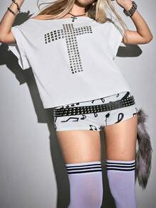 ROMWE Grunge Punk Y2K Punk Cross Rivet Design Laser Cut Loose Plus Size Women T-Shirt, Solid Color Versatile Gym Brown Summer - White - View 6